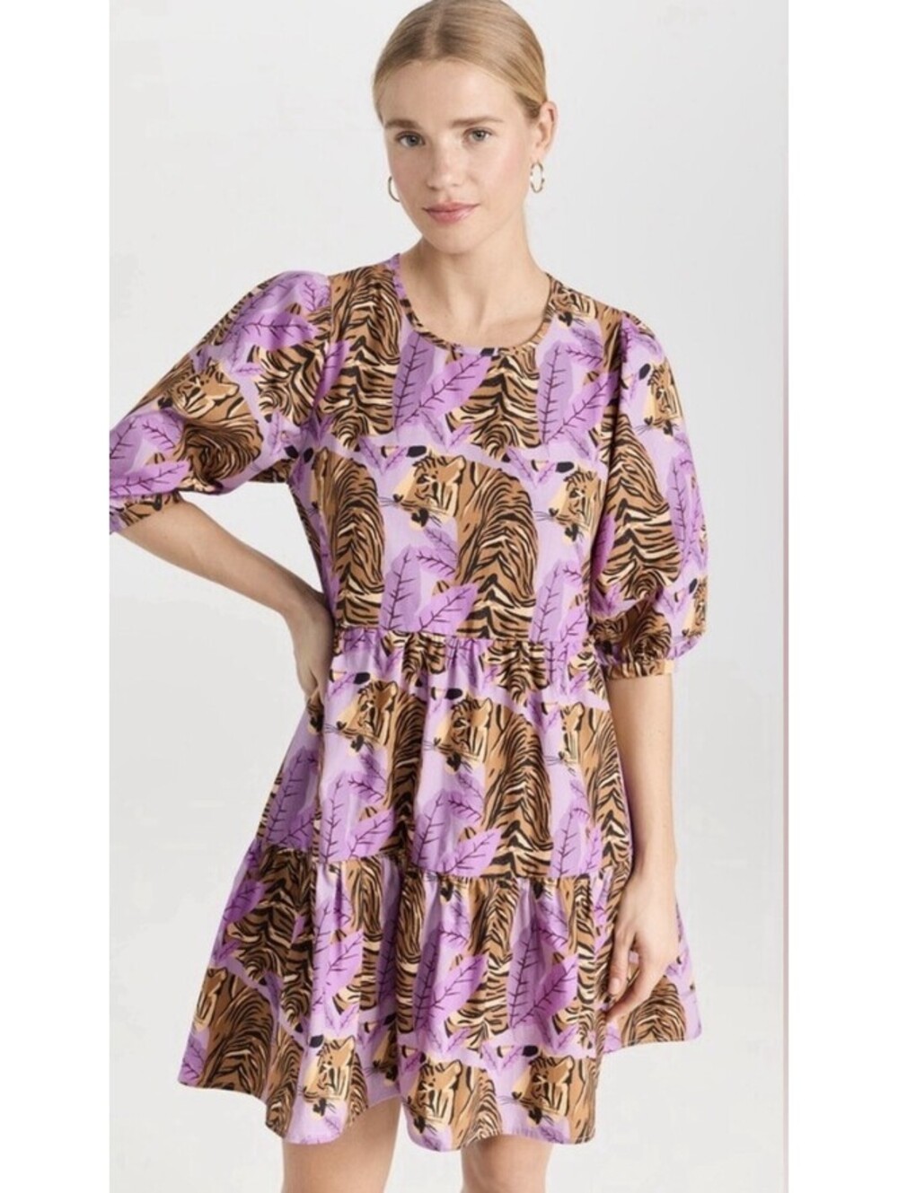 Farm Rio Tiger Jungle Tiered Midi Dress Purple Orange Size M Puff Sleeve